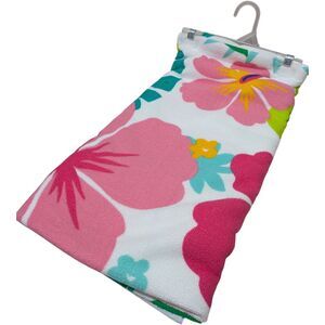 Tropical Floral Beach Towel – Pink & White Hibiscus Design